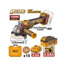 INGCO Akkus sarokcsiszoló 125 mm szénkefe nélküli 20 V (1 x 4,0 Ah akku + töltő)