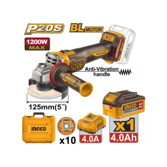   INGCO Akkus sarokcsiszoló 125 mm szénkefe nélküli 20 V (1 x 4,0 Ah akku + töltő)
