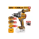 INGCO Akkus ütvefúró-csavarozó 136 Nm szénkefe nélküli 20 V (2 x 5,0 Ah akku + töltő)
